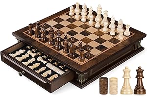 Peradix Jeu d'échecs magnétique 2 en 1 avec 2 tiroirs de rangement intégrés, jeux d'échecs classiques 2 en 1 avec 2 reines supplémentaires pour enfants et adultes, jeu d'échecs portable de voyage