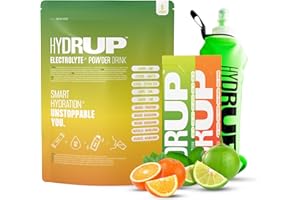 HYDRUP - Elettroliti Senza Zucchero in Polvere 1733 mg + Bottiglia Mescolatrice - Idratazione con Vitamine B e C - 3 Bustine Sapore Arancia e 3 Sapore Limone e Lime da 14 Grammi - Senza Glutine.