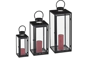 ‎RELAXDAYS Relaxdays Zestaw 3 lampionów, dekoracyjne świeczniki do użytku na zewnątrz i wewnątrz, 3 rozmiary, nowoczesne, metalowe i szklane, czarne