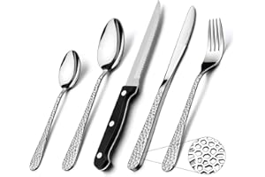 30 Piece Cutlery Sets with Steak Knives, Homikit Stainless Steel Hammered Cutlery Flatware Set Service for 6, Elegant Dinnerware Set Include Forks Knives Spoons, Mirror Finished & Dishwasher Safe