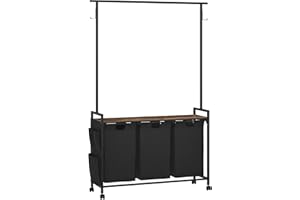 KIMENICH Panier à Linge Sale avec 3 Compartiments, Chariot à Linge Sale avec Tringle à Vêtement, Corbeille à Linge à Roulettes Verrouillables, Bac à Linge avec Sac Latéral et Étagères, 3x46 L, en Métal, Noir