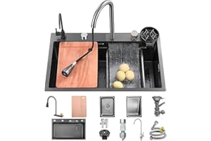 KOOGIMDDR - Juego de fregadero de cocina con encimera, 75 x 45 cm, con grifo de cascada, acero inoxidable, uso doméstico, lavavasos, tabla de cortar, escurreplatos y accesorios