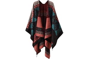 Sisifa Damen Boho Pullover Poncho Schal Wrap Cape Mantel Winter Herbst Vintage Print Stricken vorne offene Strickjacke Decke