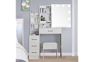 Saimeihome White Dressing Table with Dimmable Lighted Mirror, Vanity Desk with Cushioned Stool, Makeup Table with 4 Spacious Storage Drawers for Women Bedroom