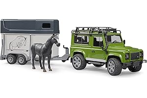 bruder 02592 - Land Rover Defender con remolque para caballos, 1 caballo, vehículo todoterreno, jeep, vehículo todoterreno, granja de caballos