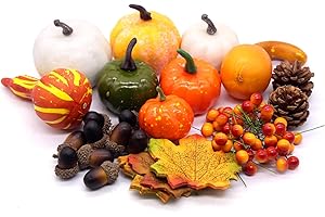 Horuili® 120 Piezas Decoración Calabaza Artificial, Calabaza de Otoño Decoración, Calabaza Hojas de Arce Piñas Bellotas Deco, Decoración para Acción de Gracias, Halloween y Navidad, Boda Otoño, Hogar