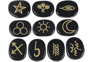 Amogeeli Black Obsidian Witch Rune Stones Set of 10pcs, Gypsy Symbol Engraved Crystal for Divination