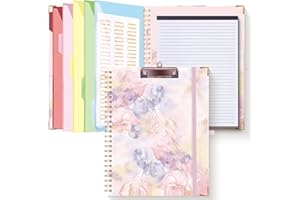 HAUTOCO Clipboard Folder with Replaceable Lined Notepad, Spiral Clipboard Folio A4 with 5 Folder Dividers Document Storage Pockets, Padfolio Organiser Folio Clip Board for Office School, Pink Marble