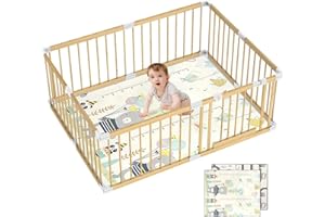 GERCHAM Kojec dla niemowląt 120 x 160 cm, z materacem z drzwiami, z drewna sosnowego, 4 elementy, bezpieczny nielakierowany, regulowany kształt i rozmiar