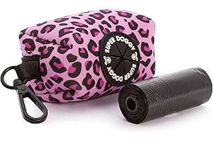SUPER DOGGY Distributeur de sacs à crottes pour chiens - Porte-sac à crottes avec motifs amusants - Sacs à crottes pour chiens - Rouleau de sacs inclus (Pink Leopard)