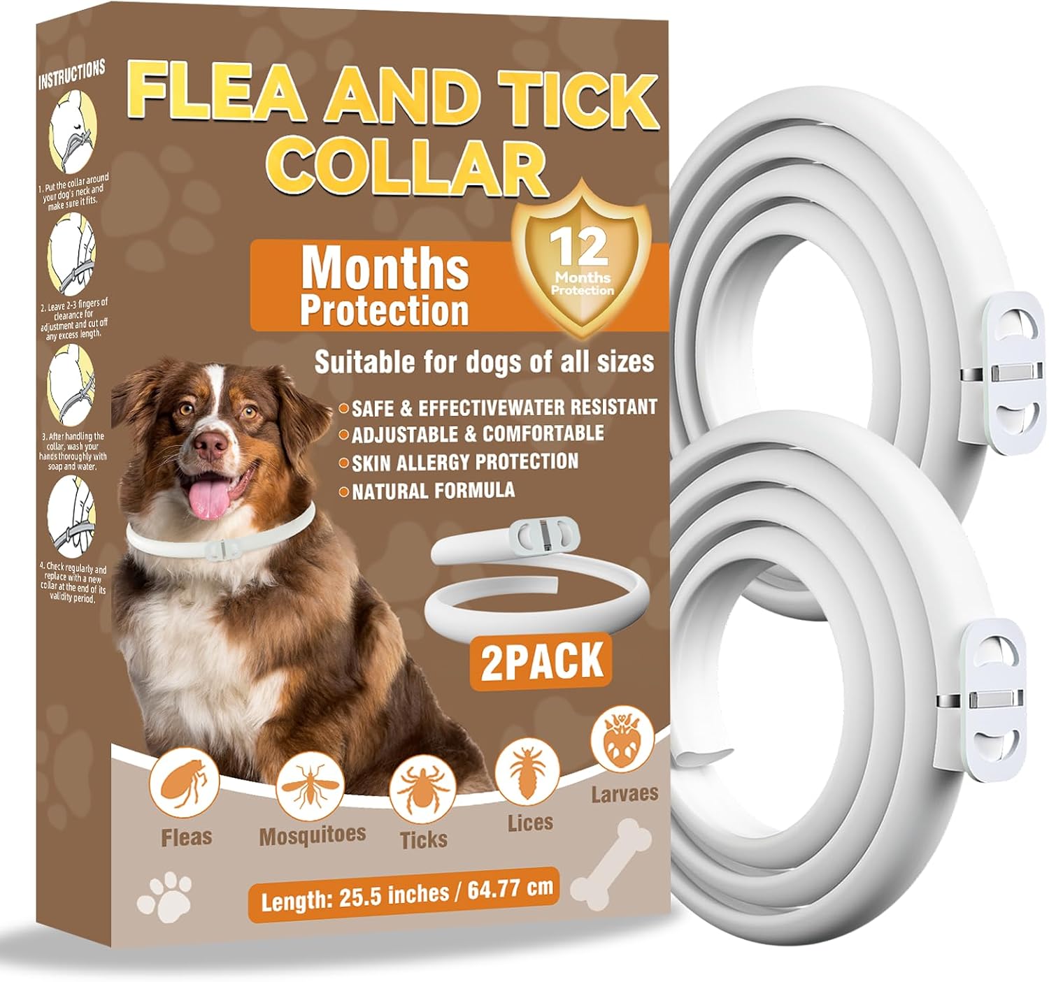 Inpumo Collar Antiparasitario para Perros, Collar Antipulgas y Garrapatas, Apto para Todos los Tamaños, Fórmula Natural Segura, Material Impermeable, Dura 12 Meses (2)