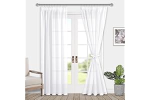DWCN White Sheer Curtains Pencil Pleat Net Curtains for Windows with Tiebacks Semi Transparent Voile Curtains for Bedroom Living Room Rod Pocket, 2 Panels, W55 x L96 Inch
