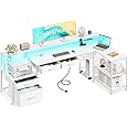 Coleshome Corner Desk with Drawers, Reversible L Shaped Gaming Desk with LED lights & Power Outlet, Home Office Desks with Monitor Shelf, Computer Table with Storage, 195x100 cm, White