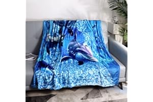 Violetpos gruby koc miękki, ciepły, przytulny flanelowy koc na sofę z przykrywką, 3D, urocze delfiny, fale zwierzęta, 150 x 200 cm
