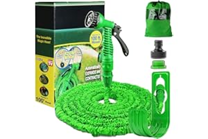 RUNNING BULLS 100FT Expanding Garden Water Hose Pipe with 7 Function Spray Gun Expandable Flexible Magic Hose Anti-leakage Lightweight Easy Storage (Green)