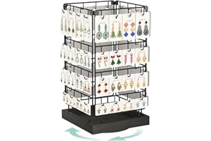 EsLuker.ly Rotating Earring Display Holder Stand for Vendors Events Selling, Large Capacity 64 Hooks Jewelry Rack with Wooden Base for Earring Card Sales, Enhances Retail Visibility (Black+Black)