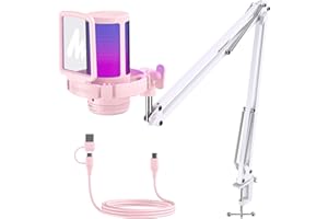 MAONO Microfono gaming, USB Micrófono Condensador con Cancelación de Ruido para Streaming Podcast Studio, Compatible con PS5/PS4/Mac con Luces RGB, Botón de Silencio, Control de Ganancia, DGM20S, Rosa