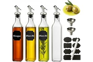 WERTIOO 4 Pack Olive Oil Dispenser Bottle for Kitchen, 500 ml Clear Glass Oil Olive Bottle, Oil & Vinegar Dispenser Set with 2 Funnels, Pen and Tags