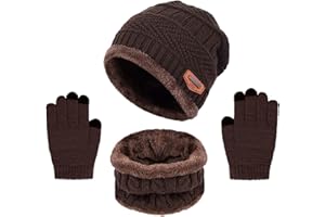 OUTFIT SPRING Set de Bufanda Gorro y Guantes, Niña Niño Invierno Cálido Sombrero de Punto con Pompon, Térmico Grueso Beanie con Forro Polar Cuello Calentador Tejido Conjunto Regalo para Unisex Bebé 5-8 Años