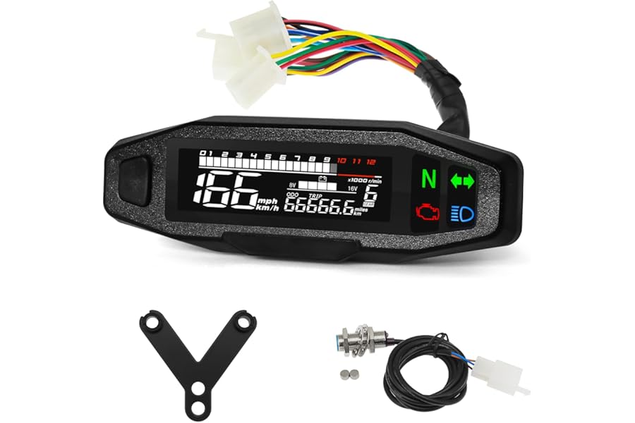 Universal Motorcycle Speedometer & Tachometer Gauge Cluster, 9-16V Digital LCD Display with Odometer, 6 Gear Indicator, 12000 RPM, MPH/KMH for Small Engine Motorcycles