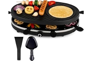 EVERHOMELY Raclette Set für 8 Personen - Grill oval - Mit Crepes Funktion - Tischgrill inkl. Pfännchen & Schaber - RUND (TK49304)