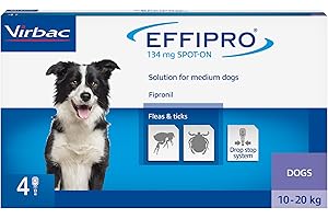 Effipro Flea & Tick Spot-On for Medium Dogs 10-20kg Fast-Acting 4 Pipettes, Vet-Strength Formula Easy to Apply Drop-Lock Pipette Kills Fleas & Ticks