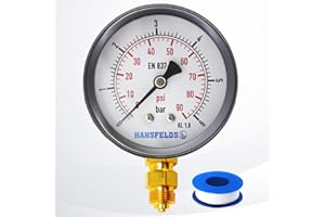 Hansfelds pressure gauge100mm*1/2"BSP,bottom mount black steel case glass window, brass internal and connection dual scale bar/psi, accuracy 1.6 (0-6 bar)