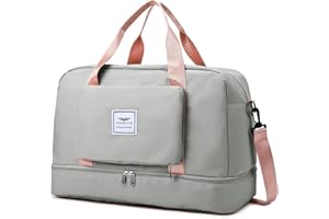 FIORETTO Womens Foldable Weekend Bag Overnight Hospital Bag with Shoes Compartment & Wet Pocket, Water Resistant Gym Bag Duffle Bag Travel Bag Holdall for Women Men Grey&Pink