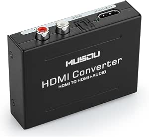 Convertisseur Audio, Musou Adaptateur Optique, Convertir HDMI Num&eacute;rique &agrave; HDMI+SPDIF/Optique+RCA(L/R), avec EURO alimentation 5V, Parfait pour PS3 XBox HD DVD PS4 Sky HD Plasma Blu-ray Home Cin&eacute;ma, Soutien 1080p 3D