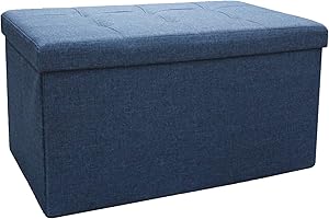 LA MAISON Large Ottoman Foldaway Storage Blanket Toy Box Bench Twill Linen with Buttons (Navy Blue, 76cm x 38cm)