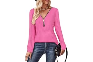 Gemulate Womens Long Sleeve Tops Ladies Lightweight Knit Jumpers V Neck Zipper Sweaters Casual Striped Sweatshirts Tshirt