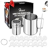 Bugucat Milk Jug 350ML, Milk Frothing Pitcher Milk Cup with Latte Art Pen, Stainless Steel Powder Shaker with 16 PCS Printing