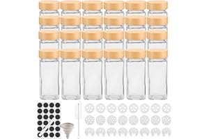 Withosent Zestaw 24 słoików na przyprawy, prostokątne z zakręcaną nasadką, pojemniki na przyprawy 120 ml z drewnianą pokrywką, szklane pojemniki na przyprawy, przechowywanie przypraw z wkładem do
