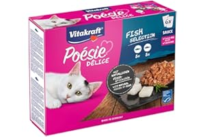 Vitakraft Poésie Délice, Selección Pescado, comida húmeda para gatos, comida húmeda en salsa, con carbonero, con bacalao, sin azúcar añadido ni cereales (1 pack de 6x 85g)