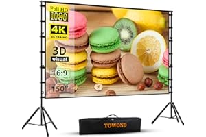 Projector Screen and Stand,Towond 150 inch Outdoor Projection Screen Portable 16:9 HD Rear Front Garden Movie Screen with Carry Bag Wrinkle-Free Thickened brackets Design for Backyard Cinema