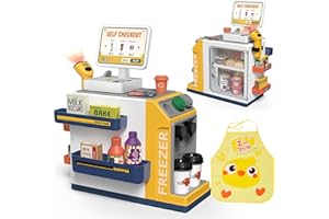 Fegalop 47PCS Cash Register Playset for Kids Pretend Play Mini Supermarket Cashier Grocery Store with Money, Scanner, Coffee Machine,Credit Card and Play Foods, Gift for Toddler Boys and Girls Ages 3+