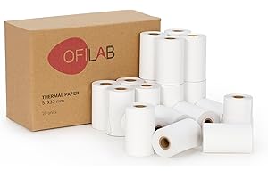 OFILAB - 20 Rollos de Papel Térmico 57x35mm para Tickets. TPV, Impresora Térmica, Datáfono, Caja Registradora. Sin Bisfenol A.