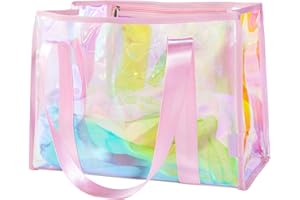 KUAK Large Beach Tote Bags for Women Gorgeous Iridescent Clear Tote Bag Waterproof Sandproof Tote Bag with Inner Waterproof Zipper Pocket, Tip-Proof for Swim Pool Travel Cruise Boat- Light Pink Strap