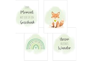 POLYMEDIA 4er Set Baby DIN A4 Bilder mit Fuchs, Regenbogen und Sprüchen, Poster mit Tiermotiv für Babyzimmer, 200g/m² Papier, Kinderzimmer Wanddeko, für Bilderrahmen, Dekoration für Jungen & Mädchen, Grün