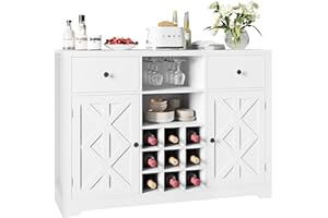 FirFurd Aparador Cocina con Botellero para 9 Botellas de Vino, Muebles Bar para Salón, Mueble Aparador Comedor, con 2 Puertas y 2 cajones, Madera, Blanco, 120 x 40 x 87 cm