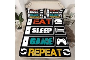 Loussiesd Gamer Fitted Sheet for Boys Gaming Bedding Set Girls Kids Video Game Controller Bed Sheet Set Funny Creative Eat Sleep Game Repeat No Flat Sheet Single Size