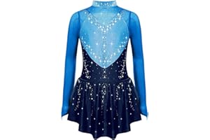 ranrann Enfant Fille Robe Patinage Artistique Manches Longues Strass Brillant Justaucorps Gymnastique Bodysuit Sport Costume Spectacle 5-16 Ans