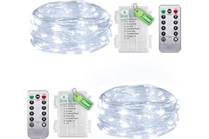 taiyongkang Pack de 2 luces de alambre para interior, batería con temporizador y mando a distancia, 6 m, 50 ledes, color blanco, pequeñas luces para dormitorio, Navidad, boda, también utilizable al