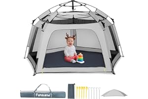 Funsland Laufstall Baby Faltbar, 8S Pop up Zelt Kinder, Laufgitter Baby mit Belüftungsnetz und Sonnendach, 3-4 Personen,Tragbar Playpen Indoor Outdoor Für Strand, Park, Camping, Garten, Grau