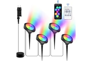 NATPOW Lámparas de estanque, Focos Submarinos RGB Lámpara Exterior con conexión Bluetooth, Mando a distancia, IP68 impermeables, multicolor para acuario, jardín, piscina, fuente (4 en 1)