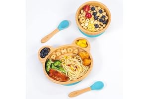 Vinsani Bamboo Panda Plate Bowl and Spoon Set for Baby Toddler Kids Children, Suction Plate, Stay-Put Non-Slip Base Design, Hypoallergenic, Food-Grade Silicone and BPA-Free Baby Feeding Set (Blue)