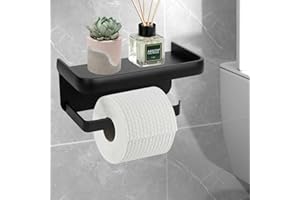 HAPHOME Porte-rouleau de papier toilette sans perçage - Autocollant avec étagère - En acier inoxydable - Montage mural - Avec colle - Pour salle de bain - Noir