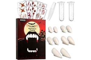 EIKEJI Vampire Fangs Teeth for Adult Kids, 5 Pairs Vampire Teeth with 2 Tube Adhesive for Halloween Cosplay Makeup Vampire Costume Accessories for Women Men, Fake Fangs Werewolf Teeth Party Favors Props