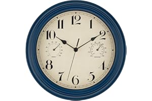 Foxtop Indoor Outdoor Waterproof Wall Clock with Thermometer and Hygrometer Combo, 12 inch Retro Silent Non-Ticking Battery Operated Quartz Round Clock for Yard Living Room Decor (Navy Blue)