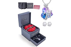 IMMORROSA Ewige Rose mit Kristall Schmetterling Halskette&Kristall-Kronenohrstecker, Konservierte Rose mit Halskette, Rose Geschenk mit Verpackung für Frau, Mama, Valentinstag, Geburtstag